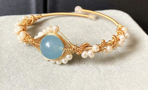 14K GoldWrapped Handmade Bracelet Hailan Baohai Sapphire Natural White Pearl Bracelet-Diamond Deluxe Outlet