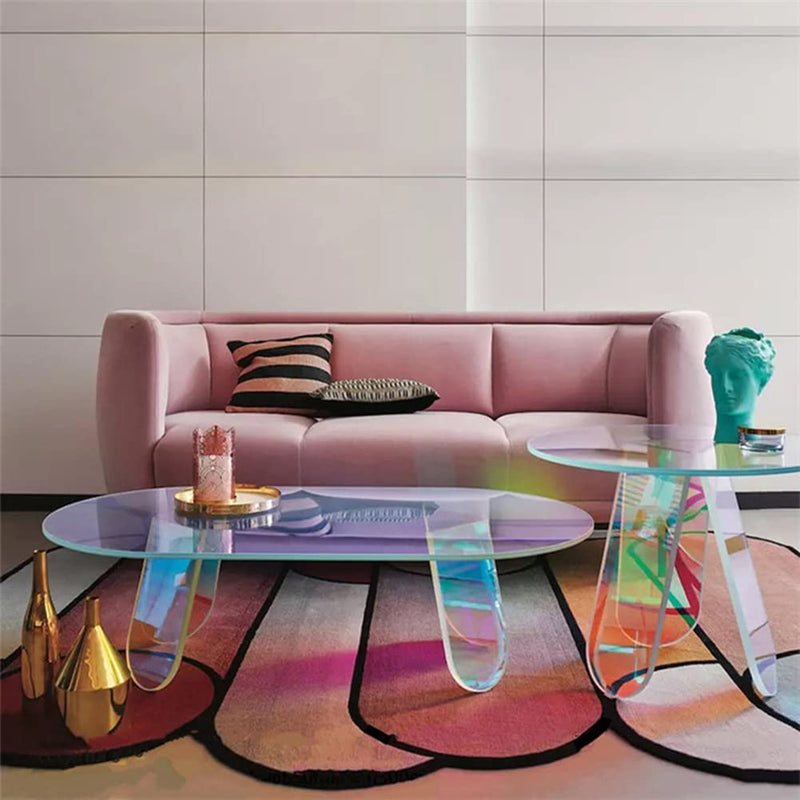 Acrylic Rainbow Color Coffee Table, Iridescent Glass End Table Round Side Table Modern Accent TV Table For Living Bed Room Decoration-Diamond Deluxe Outlet
