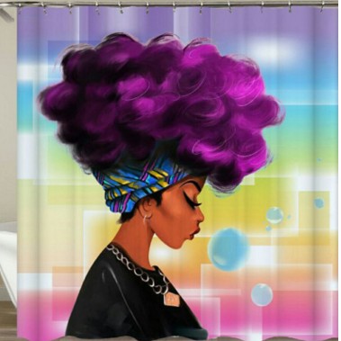 African American 3D Retro Style Print Waterproof Polyester Shower Curtain With 12 Hooks For Bathroom Decor Blue Hair Afro Girl-Diamond Deluxe Outlet
