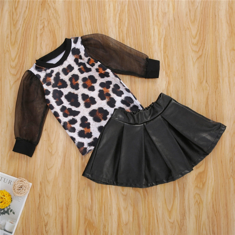 Fall toddler leopard print top T-shirt skirt girl-Diamond Deluxe Outlet