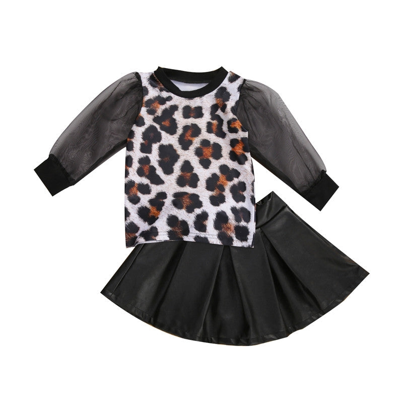 Fall toddler leopard print top T-shirt skirt girl-Diamond Deluxe Outlet