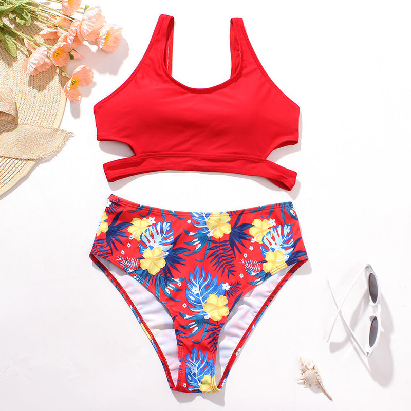 Ladies High Waist Solid Color Printed Swimsuit-Diamond Deluxe Outlet