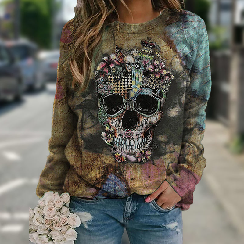 Long sleeve skull print sweatshirt-Diamond Deluxe Outlet