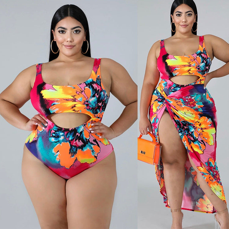Plus Size Swimsuit One-piece Skirt Print-Diamond Deluxe Outlet
