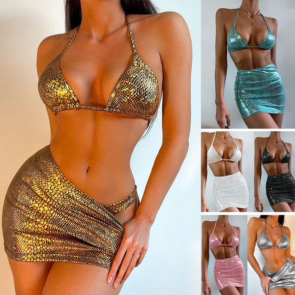 Women's 3 Piece Bathing Suits Halter Snake Pattern Bikini Set With Cover Up Skirt Summer Swimsuit-Diamond Deluxe Outlet